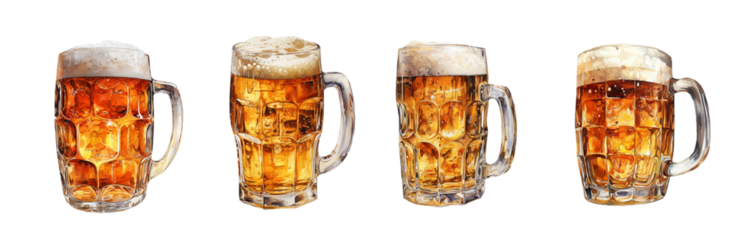 Set of watercolor glasses with foamy beer. Generative AI technology.	