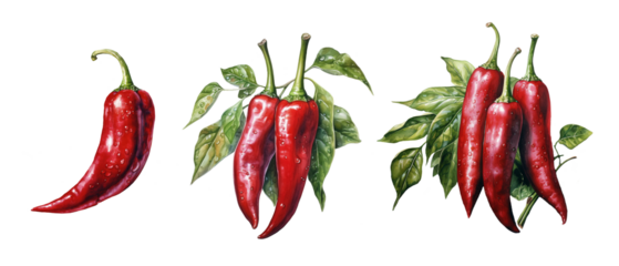 Set of watercolor chili peppers, spicy ,spicy vegetables. Generative AI technology.	