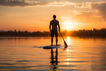 A man stands on a SUP board Floats down the river at sunset. Sport. Aquatic activities.