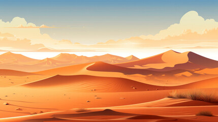 Sand dunes in the desert in the sun. Hot day. Flat illustration.