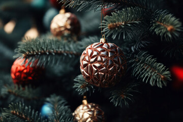 Fototapeta na wymiar Beautiful ball toy on Christmas tree close-up.