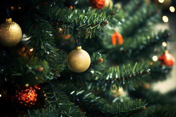 Christmas decorations balls on the Christmas tree, close-up.