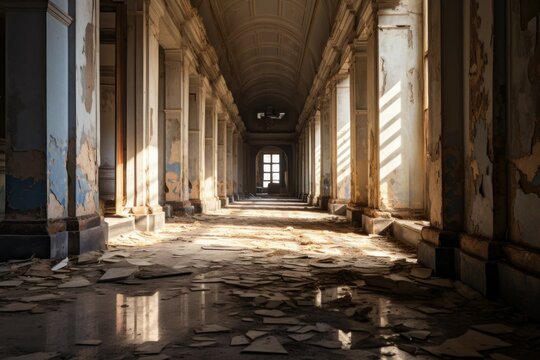 Decaying interior with a hint of light at the doorway. Generate Ai