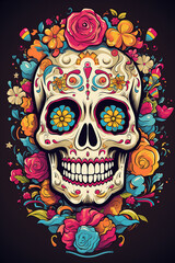 Naklejka premium Drawing illustration of an ornately decorated Day of the Dead sugar skull, or calavera.