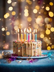 A birthday cake with lit candles on a table. Generative AI.