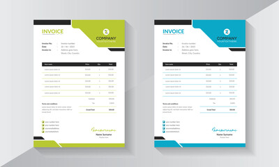 Invoice design for office and business purposes, invoices with two colour variations and calculation.