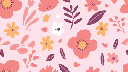 Vector floral seamless pattern in flat hand drawn style, cute flowers with leaves on pink background