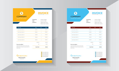 Invoice design for office and business purposes, invoices with two colour variations and calculation.