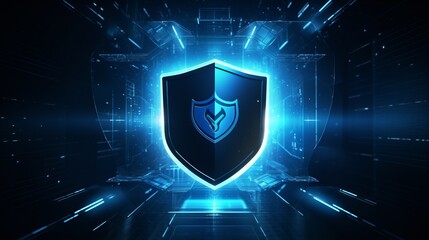 Photo of a futuristic shield with glowing lights in a dark blue background