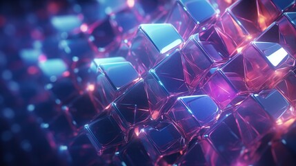 Blurred abstraction of cube crystal structures. Science or technology background. Digital wallpaper. Polygonal space. Illustration for cover, card, postcard, interior design, decor or print.