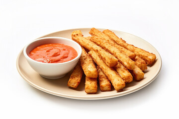 A Plate of Cheese Sticks and Marina Sauce Isolated on a White Background