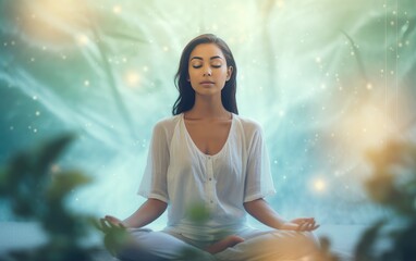 Spiritual therapy of body and mind in yoga illustration of human harmony with nature. development of the spiritual world. woman is meditating.