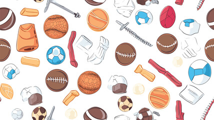 Sports balls, medals and cups, basketball, baseball, rugby and football. Vector seamless pattern on white background