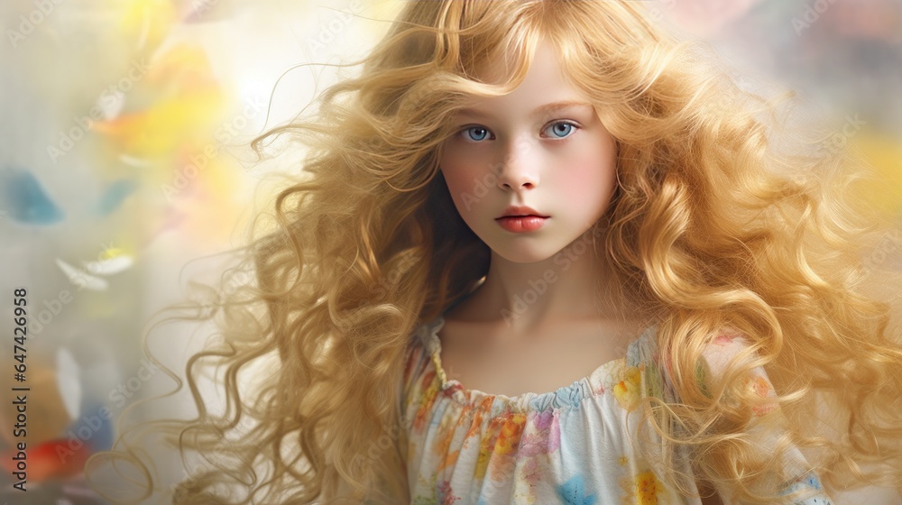 Wall mural Beautiful cute kid, girl with long curly hair. Close up of girl's face. Illustration for cover, card, postcard, interior design, decor or print.