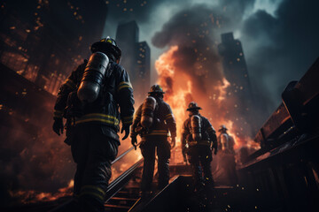 A group of firefighters in full gear battling flames and smoke on a rooftop of a skyscraper that has been targeted in a terrorist attack, emphasizing teamwork and courage. Generative AI
