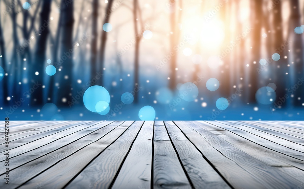 Wall mural winter forest background with snowflakes and wooden planks. winter landscape.