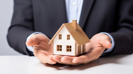 A businessman in a suit holds a model of a house on his palms. The concept of mortgage lending, real estate insurance, construction, design and sale of residential buildings. Illustration for design.