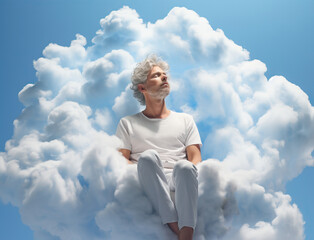 a gray-haired man in light clothes sits on a cloud and dreams