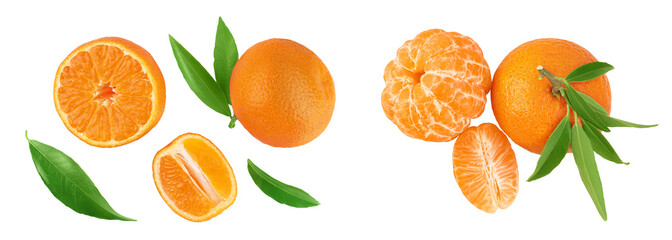 Tangerine or clementine with green leaf isolated on white background with full depth of field. Top view. Flat lay