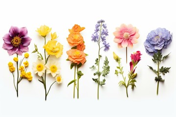 A variety of six unique flowers, each photographed separately against a plain white background. Generative AI