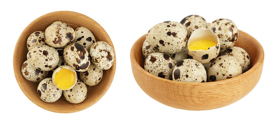 Raw quail egg in wooden bowl isolated on white background with full depth of field. Top view. Flat lay