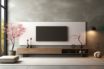 Japanese style modern living room with hanging mockup picture frame on wall background. Interior and architecture concept. 3D illustration rendering | Generative AI