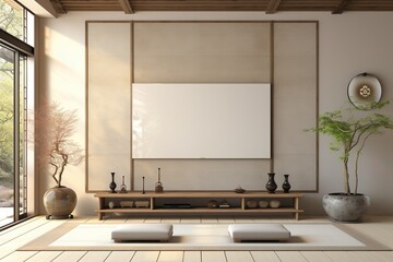 Japanese style modern living room with hanging mockup picture frame on wall background. Interior and architecture concept. 3D illustration rendering | Generative AI