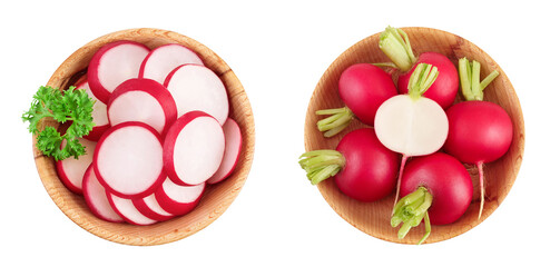 Radish slices in wooden bowl isolated on white background. Top view. Flat lay