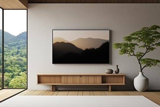 Japanese style modern living room with hanging mockup picture frame on wall background. Interior and architecture concept. 3D illustration rendering | Generative AI