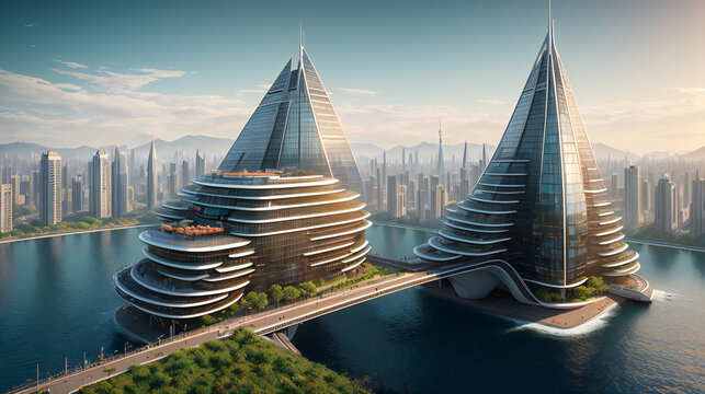 futuristic building of the city near the sea. generative ai