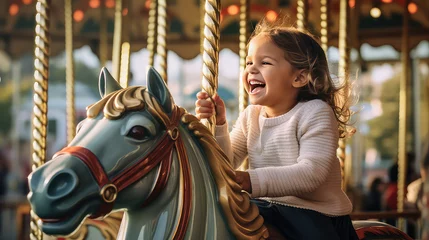 Fototapeten Happy toddler kid joyfully ride a carousel horse. Classic round carousel with horses, magic childhood, amusement park.  © SnowElf