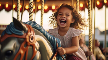 Happy toddler kid joyfully ride a carousel horse. Classic round carousel with horses, magic childhood, amusement park.  - obrazy, fototapety, plakaty