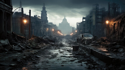Post apocalypse view, destroyed city after war, apocalyptic landscape - obrazy, fototapety, plakaty