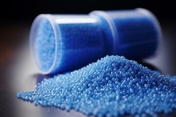 Close up of two stacks of blue plastic polypropylene granules on a table. Generative AI