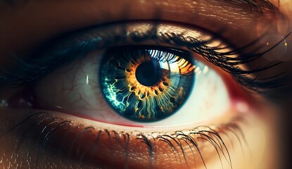 Cybermysticsteampunk Gaze: Woman's Eye in Cross-Processed Dark Green and Azure, Close up detail, eye macro, fashion naturel makeup, , generative AI