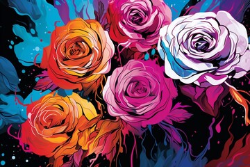 Unique art print of a colorful abstract floral design with black roses, available as postcard or wallpaper. Generative AI