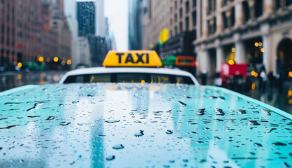 urban street New York photography of city taxi in rainy day