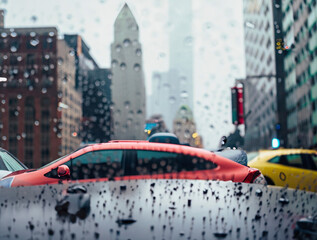 urban street New York photography of city taxi in rainy day