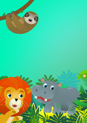 Obraz premium Cartoon wild animal happy young hippo hippopotamus with other animal friend in the jungle isolated illustration for children