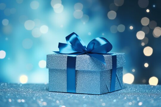 Blue gift box with ribbon and bokeh background. Concept for gift, holiday, celebrations. Generative AI