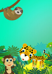 cartoon scene with happy tropical animal cat jaguar cheetah in the jungle illustration for children