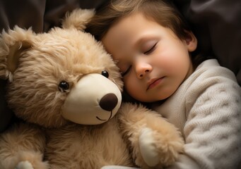 Kid sleeping with a stuffed bear