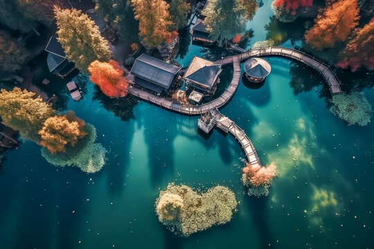 Scenery forest and lake illustration from the sky, as if shot by a drone. A small boathouse and boat dock can be seen. Fantastic nature in autumn or winter season, a little foggy.
