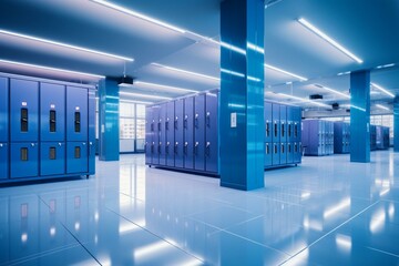 Lobby with blue lockers, perspective view. Fitness gym, sports club hallway. Generative AI - obrazy, fototapety, plakaty