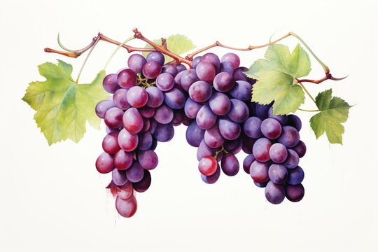 Watercolor drawing of grape clusters on a plain white background. Generative AI