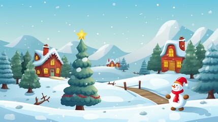 christmas landscape. Winter, decorated Christmas tree, cozy atmosphere