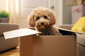 Dog in a box. The concept of moving with pets
