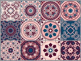 Set neutral mandala tiles and floors. Patchwork for wallpaper. Traditional Portuguese mosaic design. Spanish majolica tile pattern. Vector illustration. Geoetric florals