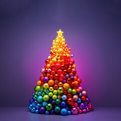 Gorgeous Christmas bubbles ornaments, varying in size and color, are arranged in layers to create the shape of a Christmas tree.