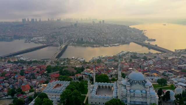 Aerial drone shooting and sea view of Suleymaniye and Halic Metro Bridge (Halic Metro Bridge). Istanbul Türkiye. 